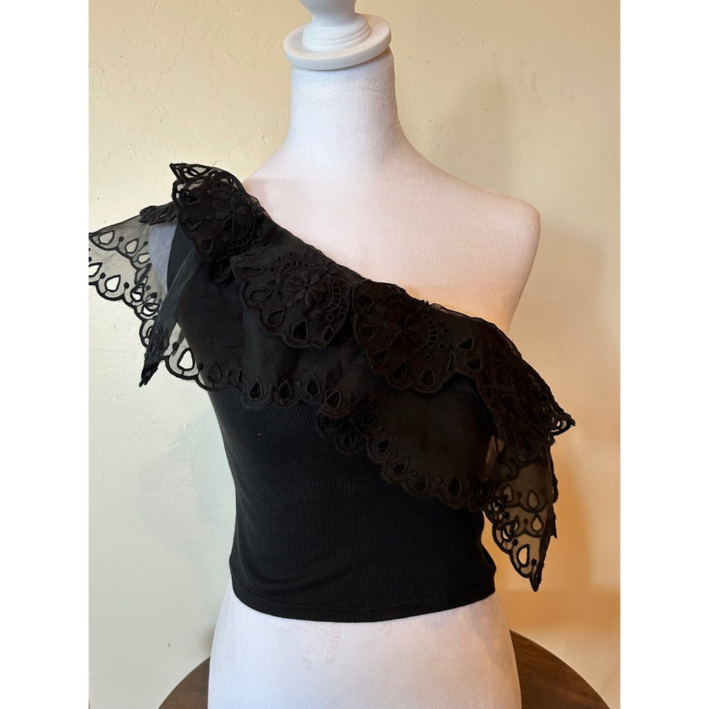 Express One Shoulder Eyelet Ruffle Top Womens Small Black Excellent Ribbed Knit